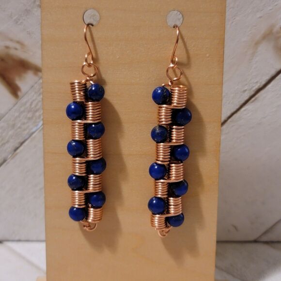 Handmade Copper Coil Bead Earrings – Artisan Dangle Jewelry with Blue Beads - Picture 3 of 7